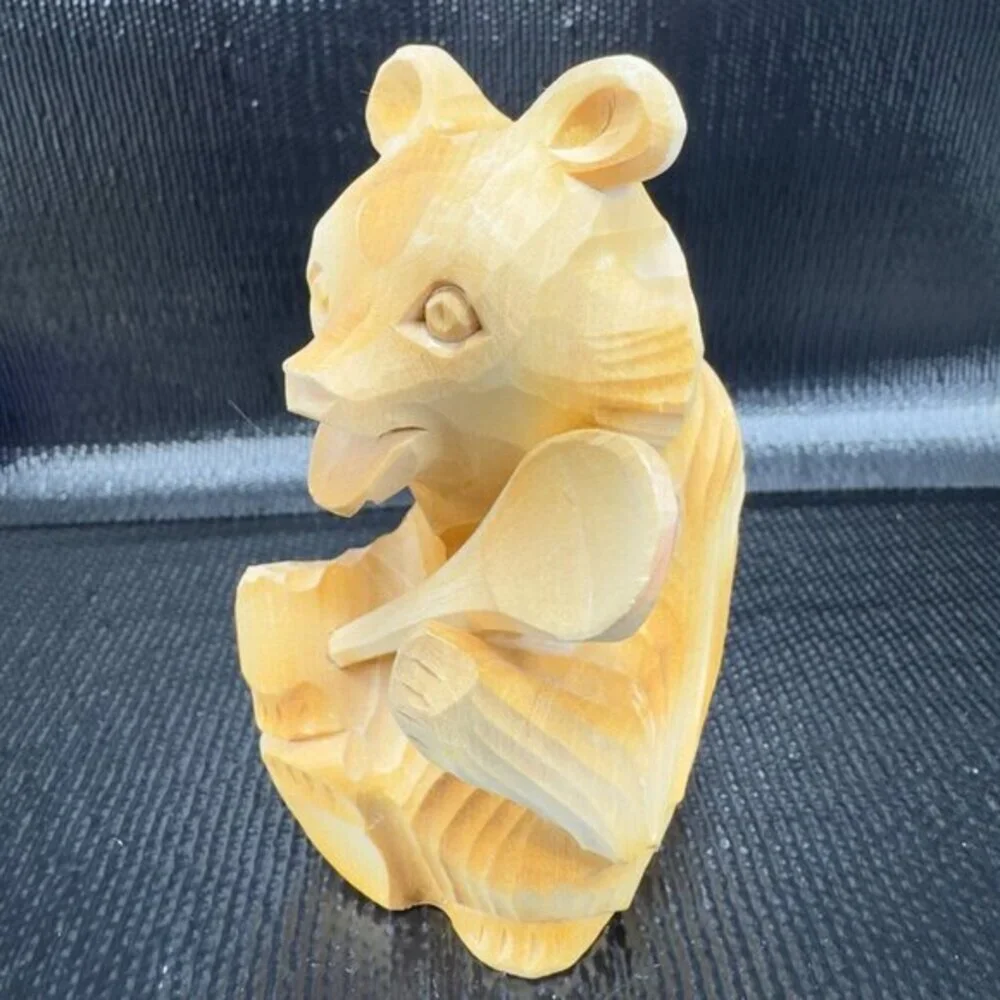 Russian‎ Folk Art Hand Carved Wooden Bear With Spoon Figurine Vintage Decor